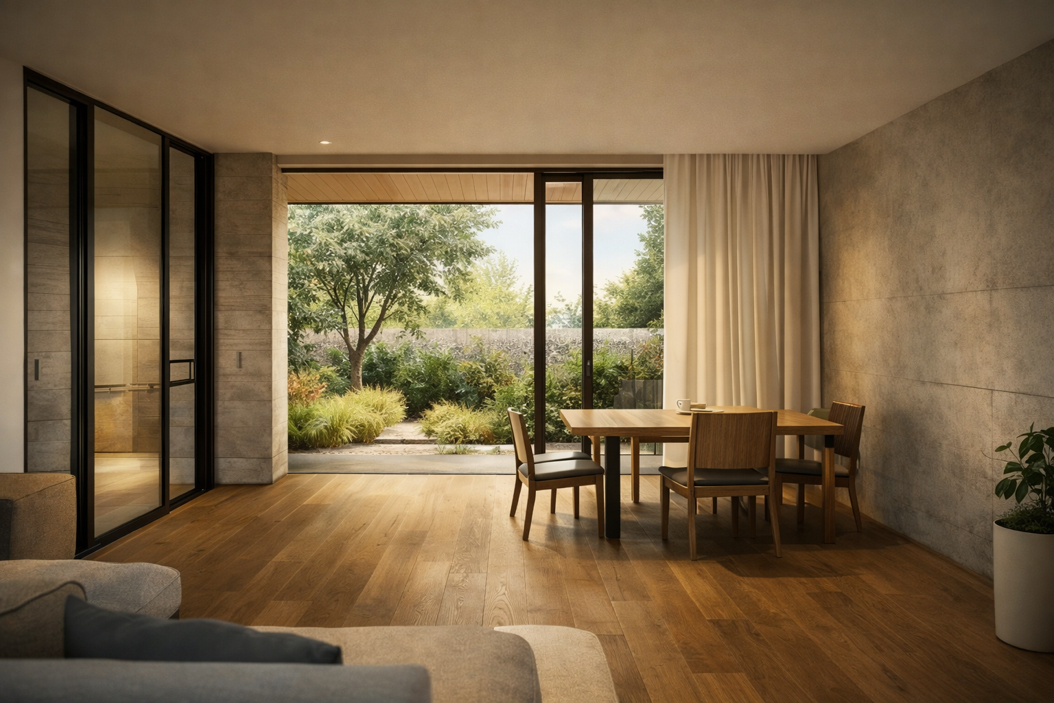 Modern architecture exterior with clean lines and warm accents