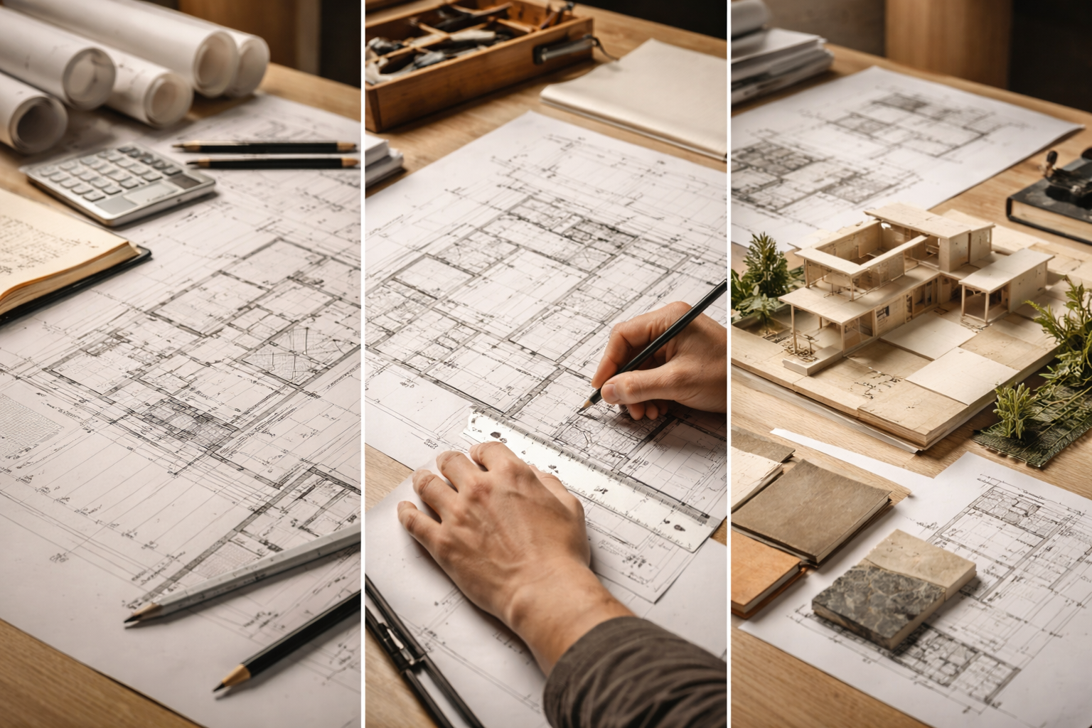 Architect desk with drawings, materials and plans